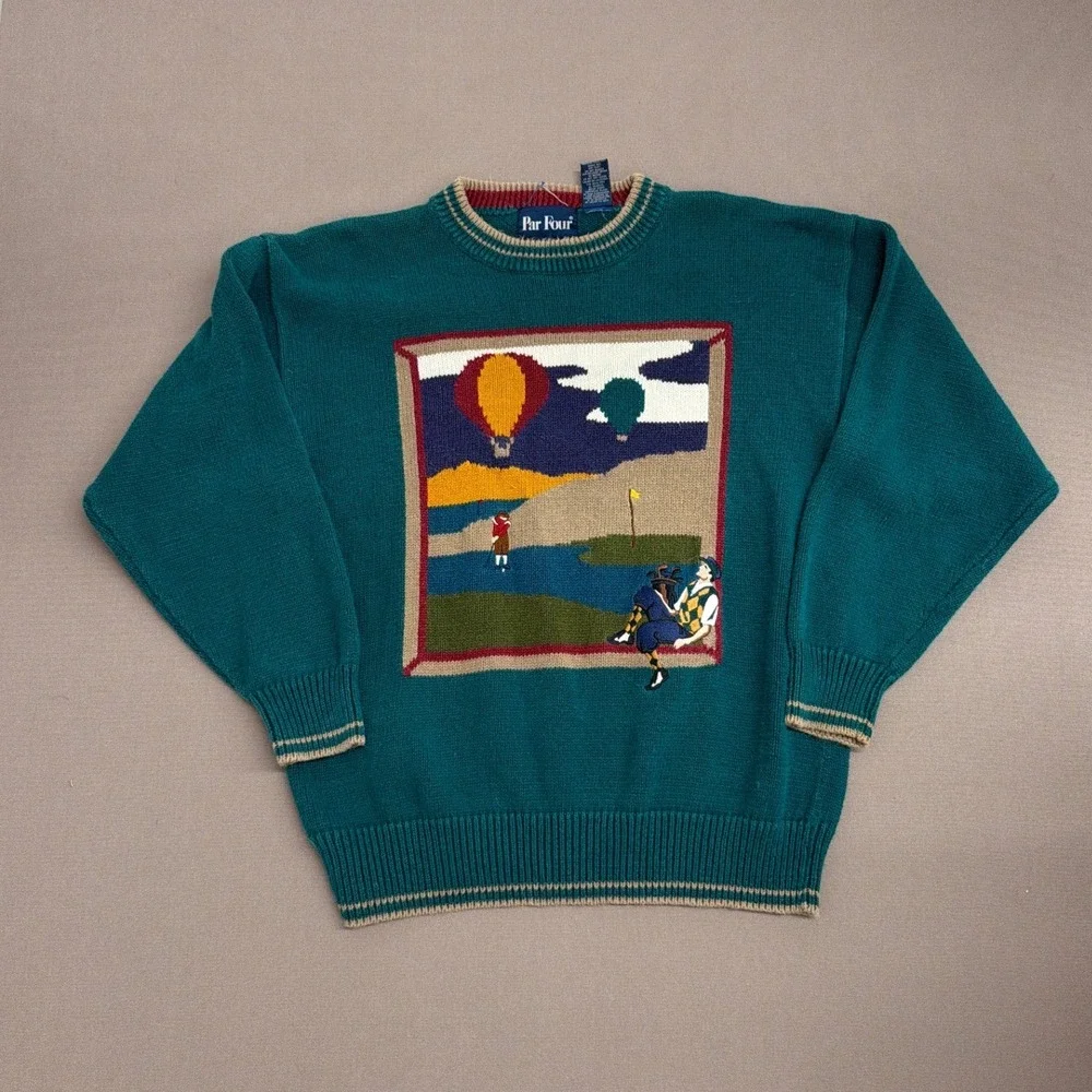 Par Four Vintage Mens Golf Hot Air Balloon Graphic Sweater Teal Green Large
